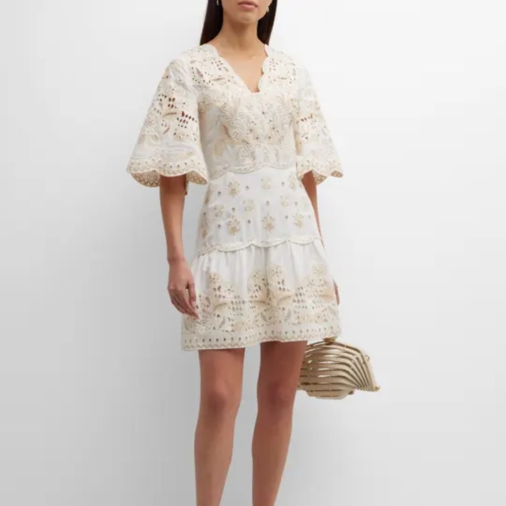 Kobi Halperin Ivory and Beige Embroidered Midi Dress
